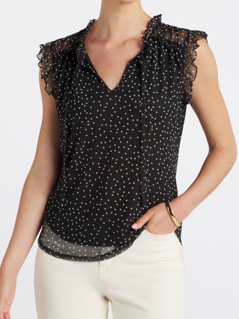 Black Polka Dot Ruffle Cap-Sleeve Blouse